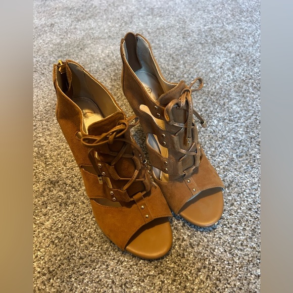 Isola Brown suede Lace-Up open toed Women's stiletto heels with gold accent - Picture 2 of 10